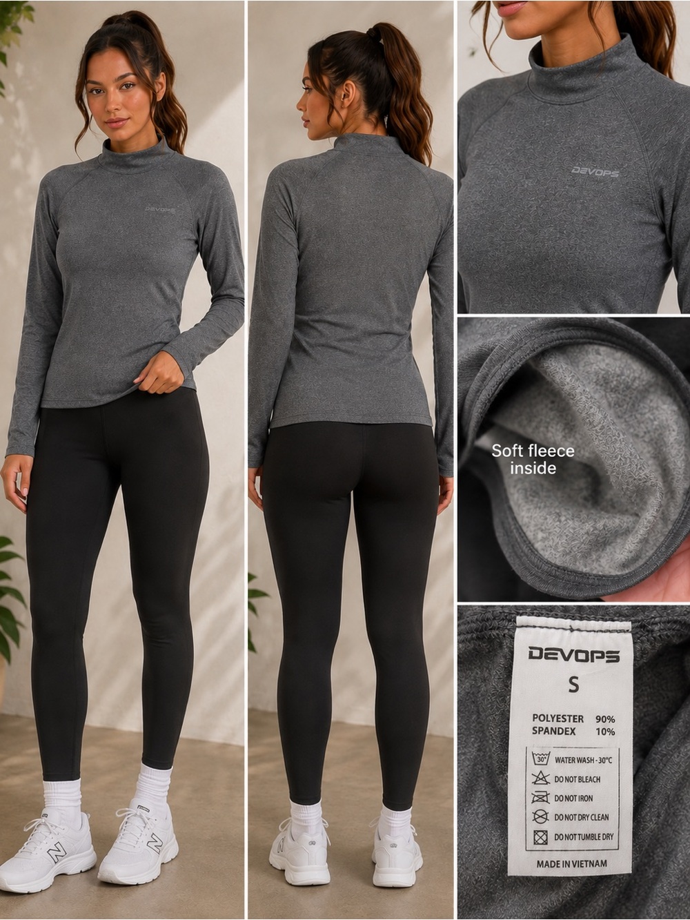 DEVOPS Gray Fleece Lined Mock Neck Long Sleeve Athletic Top Size S